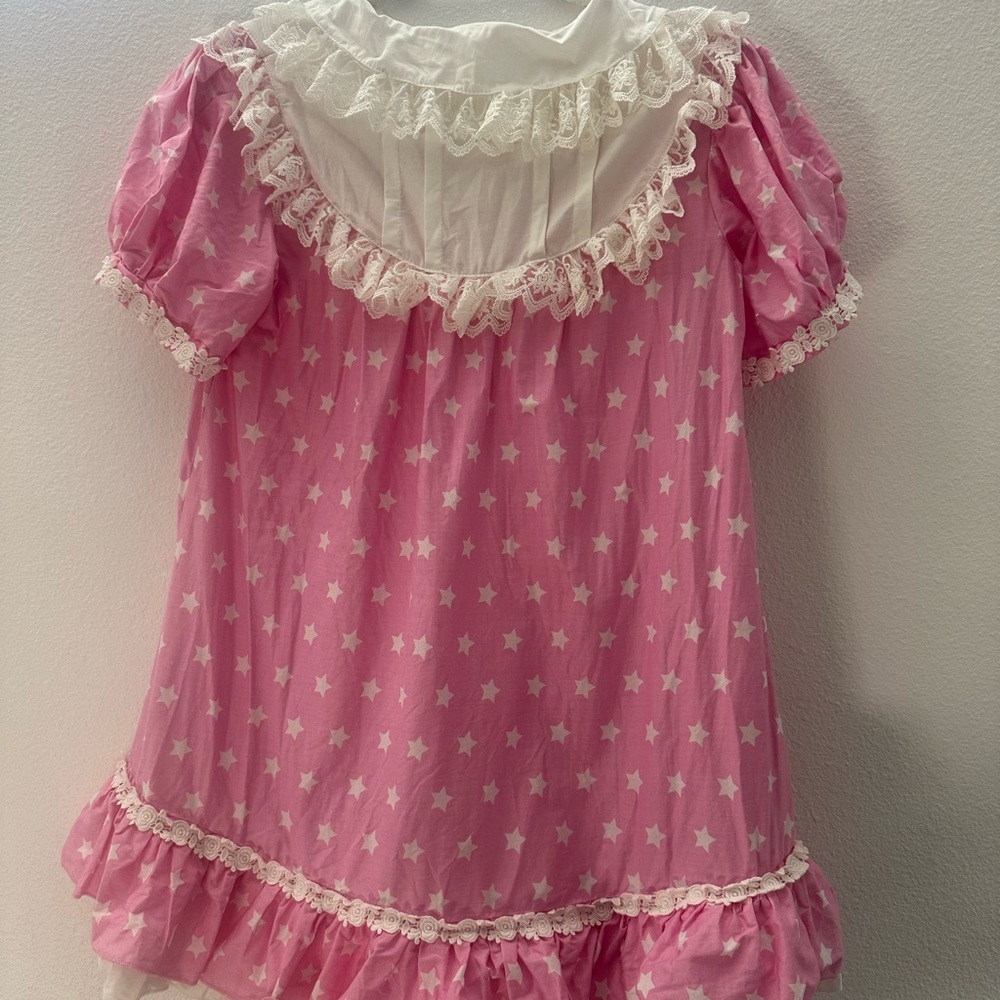 Pink Star Patterned Dress with Lace Trim